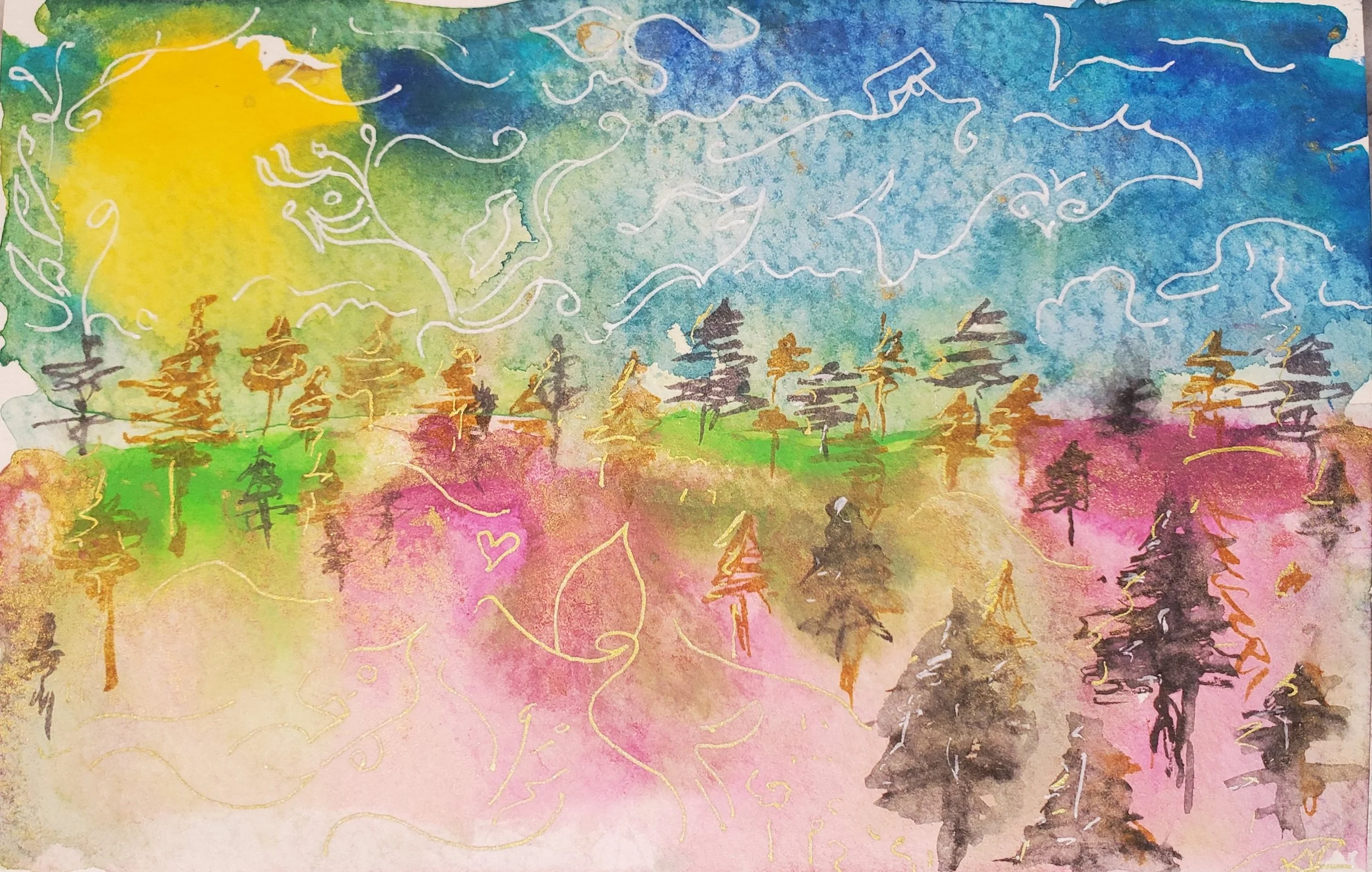  Golden Daydream 
 2025
 watercolor ink & acrylic
 6 x 4 in. 
 Golden Daydream is a small reflection of time spent hiking through the hills of West Sonoma County, inspired by long walks through redwoods, coastlines, open sky, and shifting light. 

 S