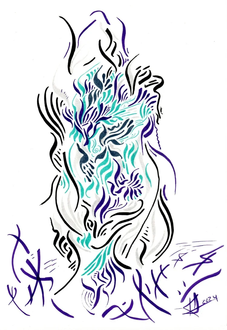  Resting 
  SOLD
 2024
 India Ink on Bristol 5 x 8 in. 
India Ink on Bristol
 It’s about giving yourself permission to pause and restore energy.  The tender necessity to allow oneself to soften and simply be.  Wrapped in warmth with the stillness of 
