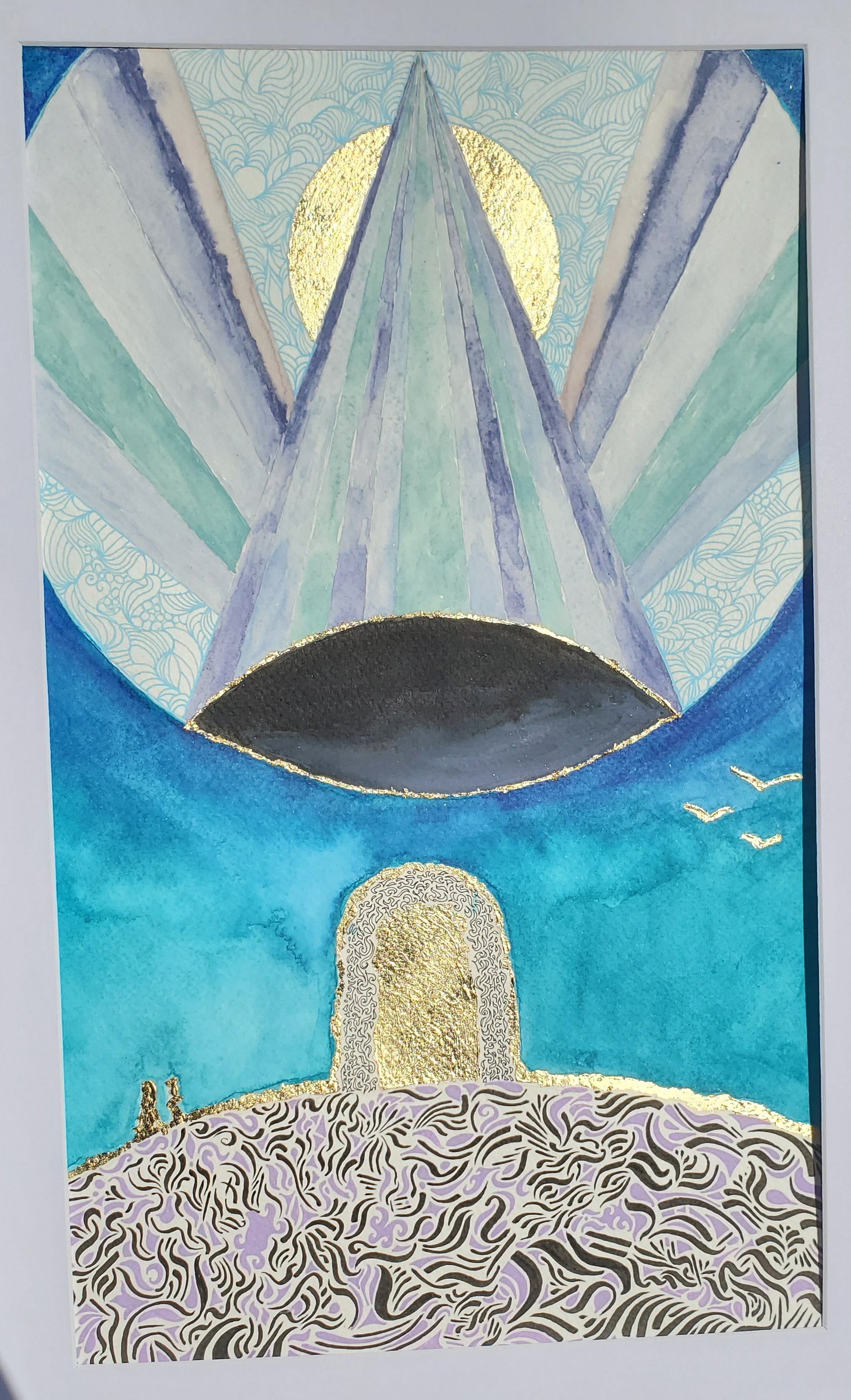  Interstellar 
 2025 
 24k gold, watercolor & acrylic 
 11 x 15 in. 
 because perspective matters 

