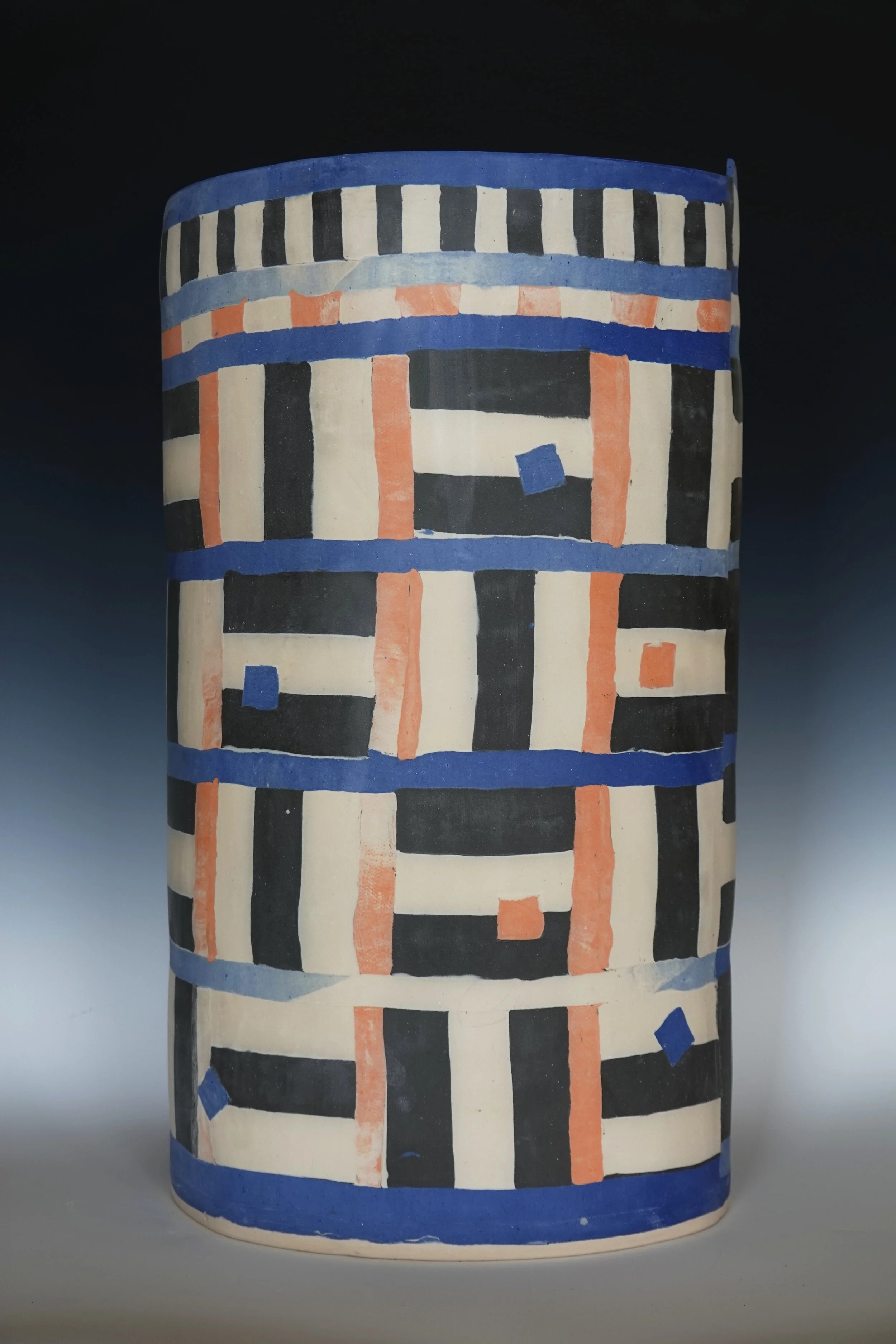 Large vessel in blue black white tangerine.JPG