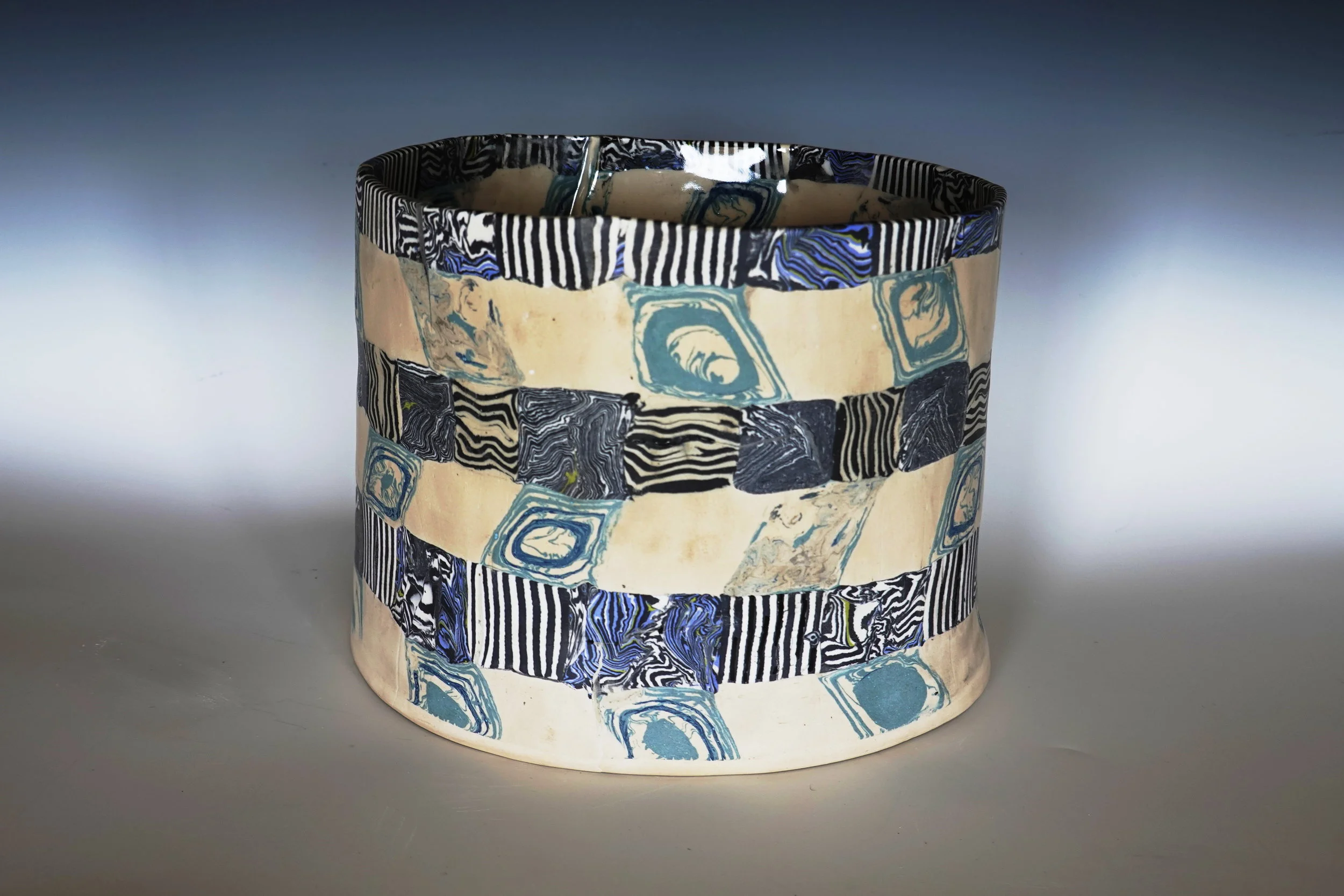 Oval nerikomi vessel in blue cream black.JPG