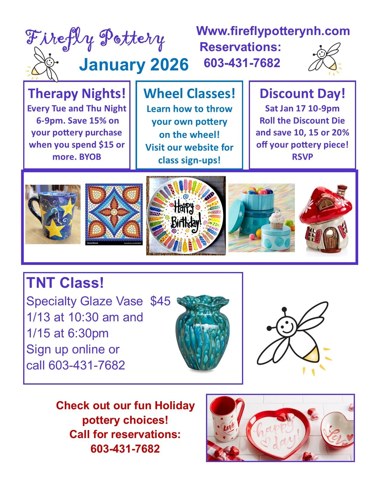 Marketing flyer for Firefly Pottery in January 2026 with events and classes, including therapy nights, wheel classes, discount day, TNT class, and holiday pottery choices, with images of pottery and decorations.