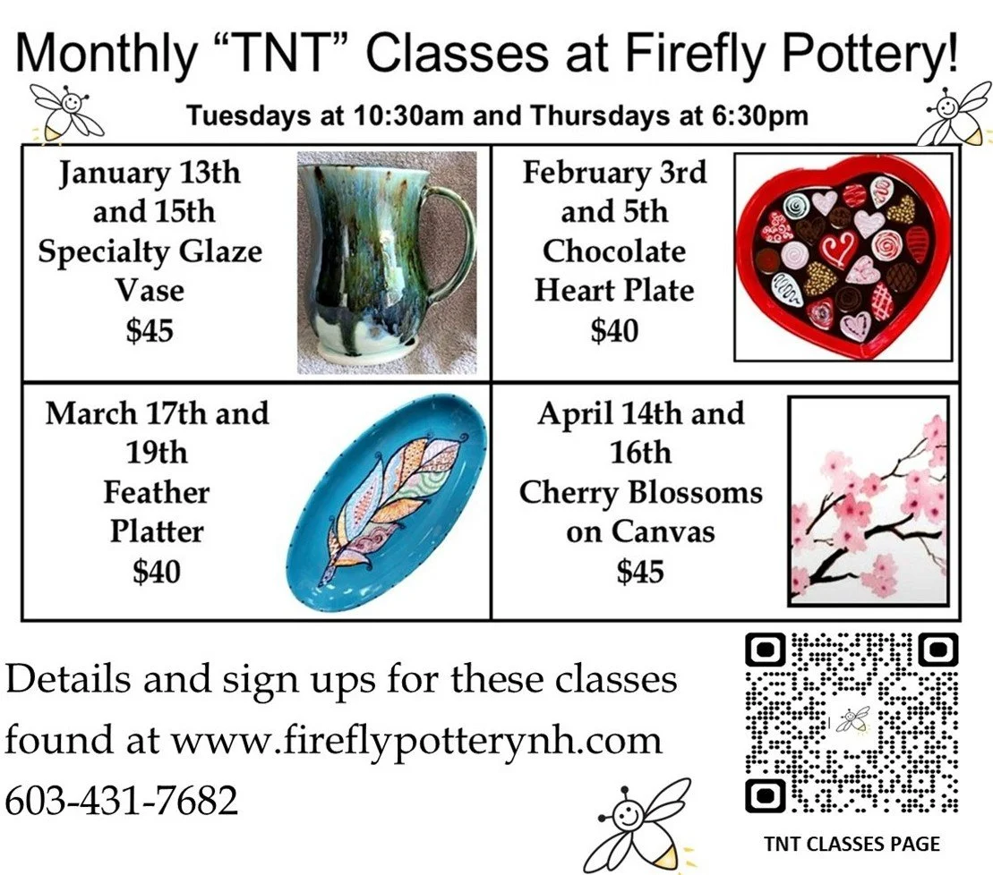 Monthly TNT pottery classes schedule with dates, artwork, and prices, including a glazed vase, chocolate heart box, feather platter, and cherry blossom canvas, with contact information and QR codes.