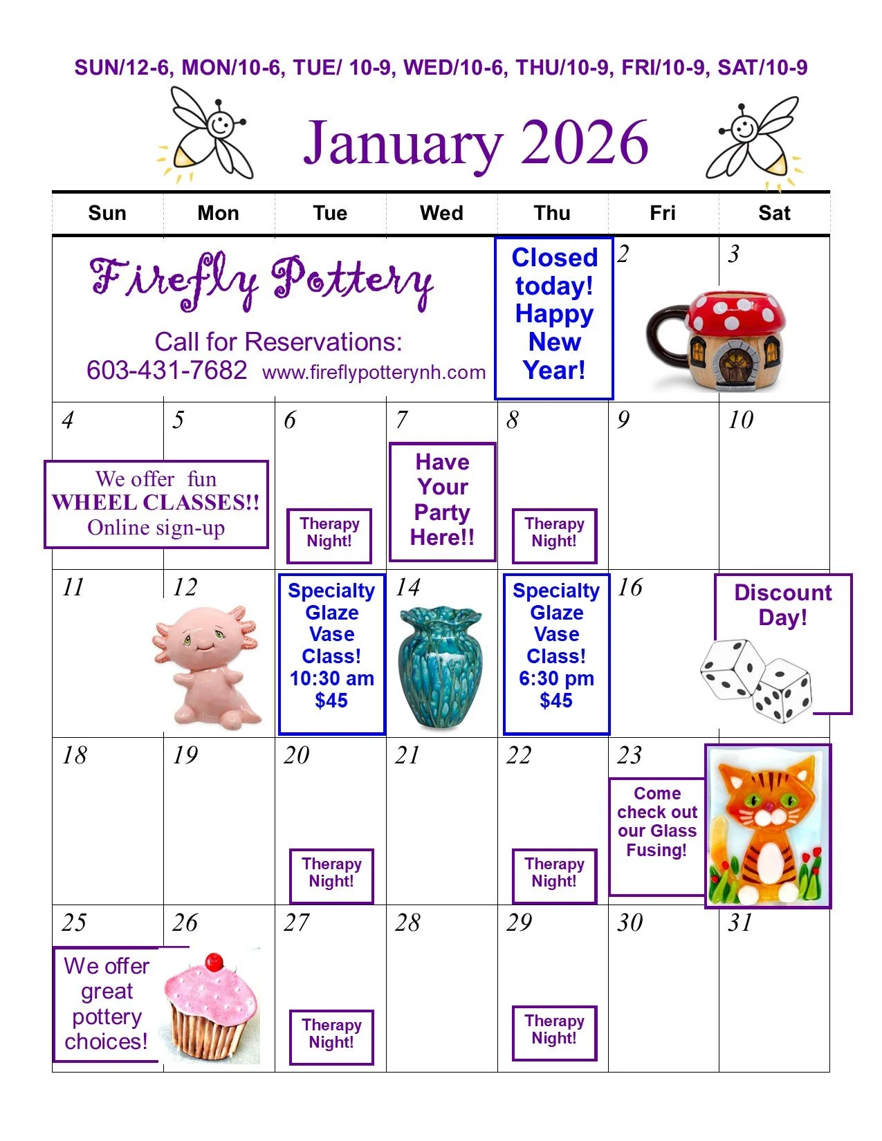 January 2026 calendar for Firefly Pottery with event details, images of a mushroom-shaped mug, ceramic pig, glass vase, and a cartoon tiger, and text indicating classes, discounts, and therapy nights.
