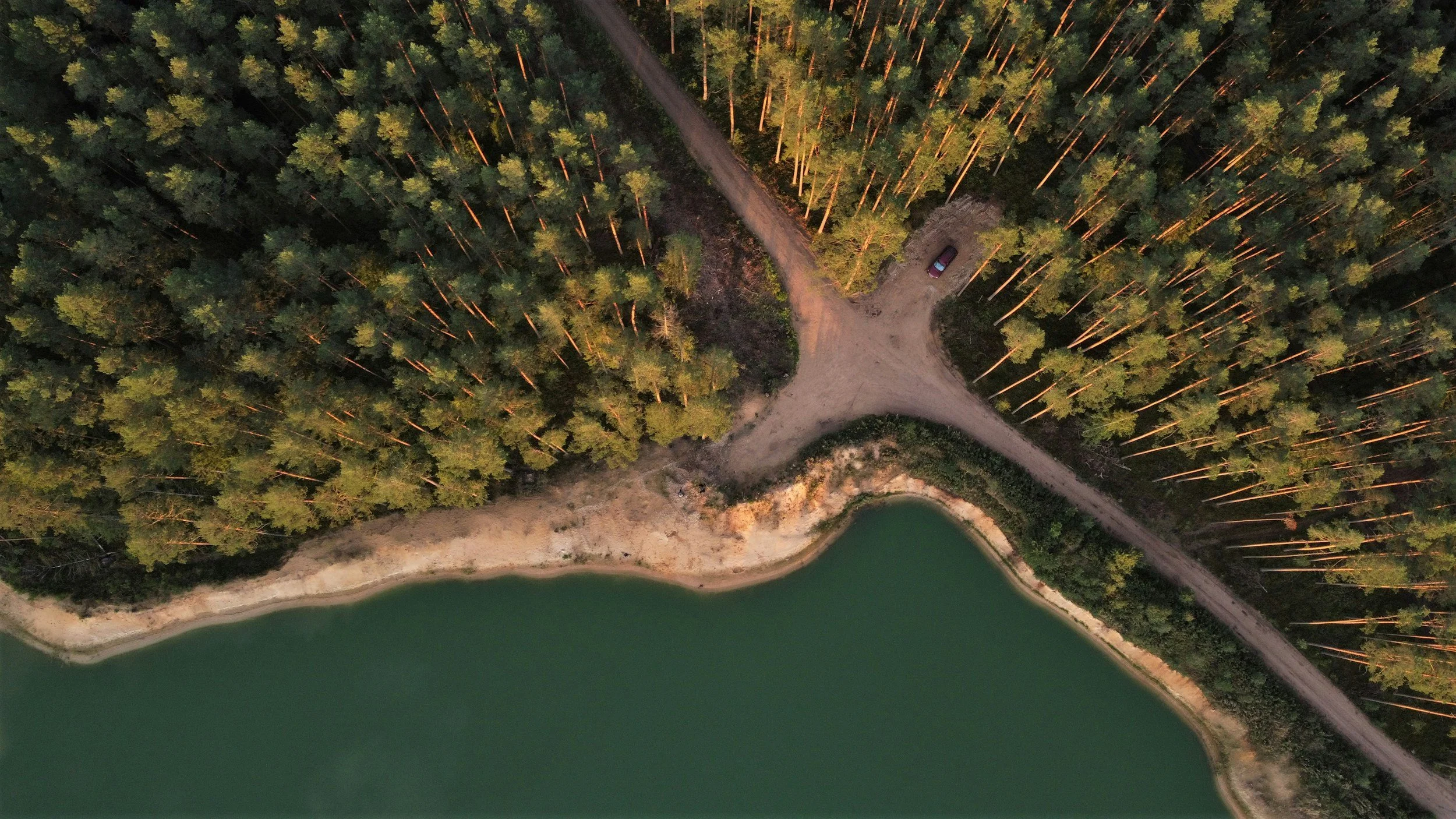 birds eye view image of of a forest at a crossroad f