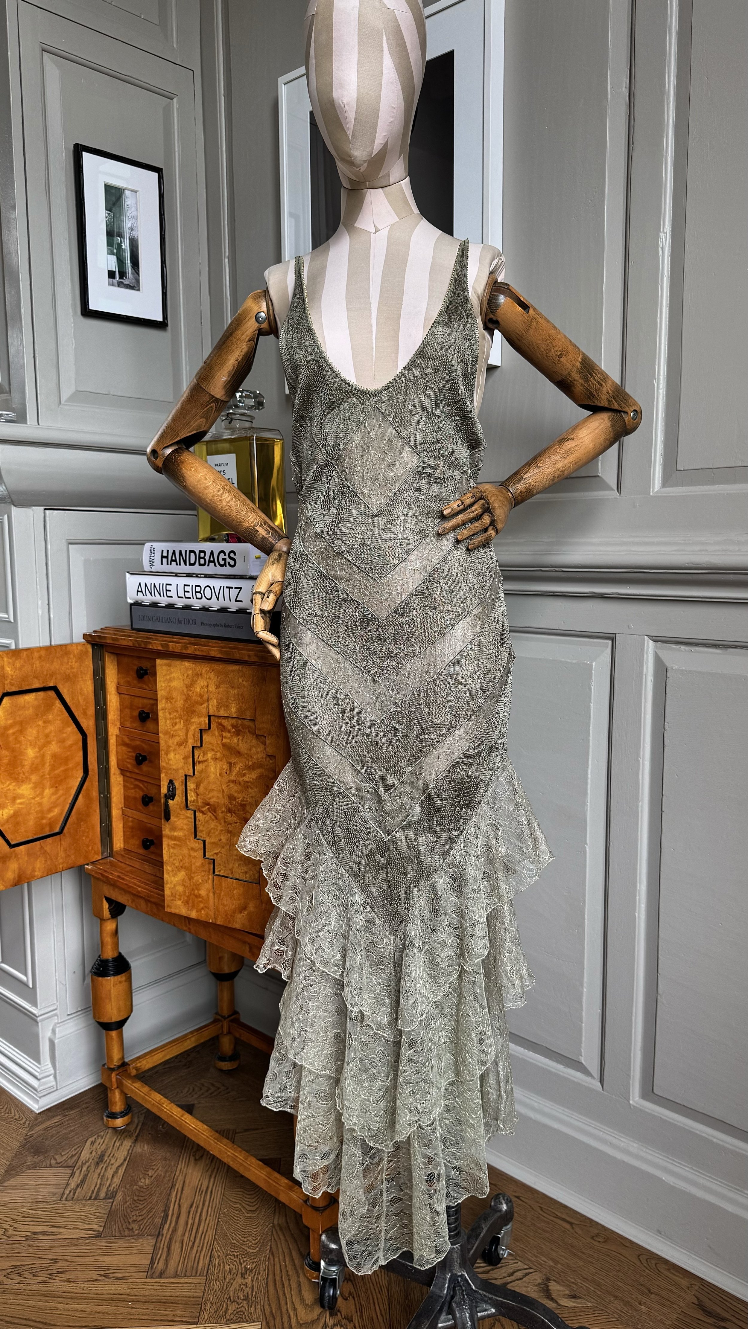 Christian Dior John Galliano sage green knitted floral lace chevron fishtail maxi dress (Spring 2003)