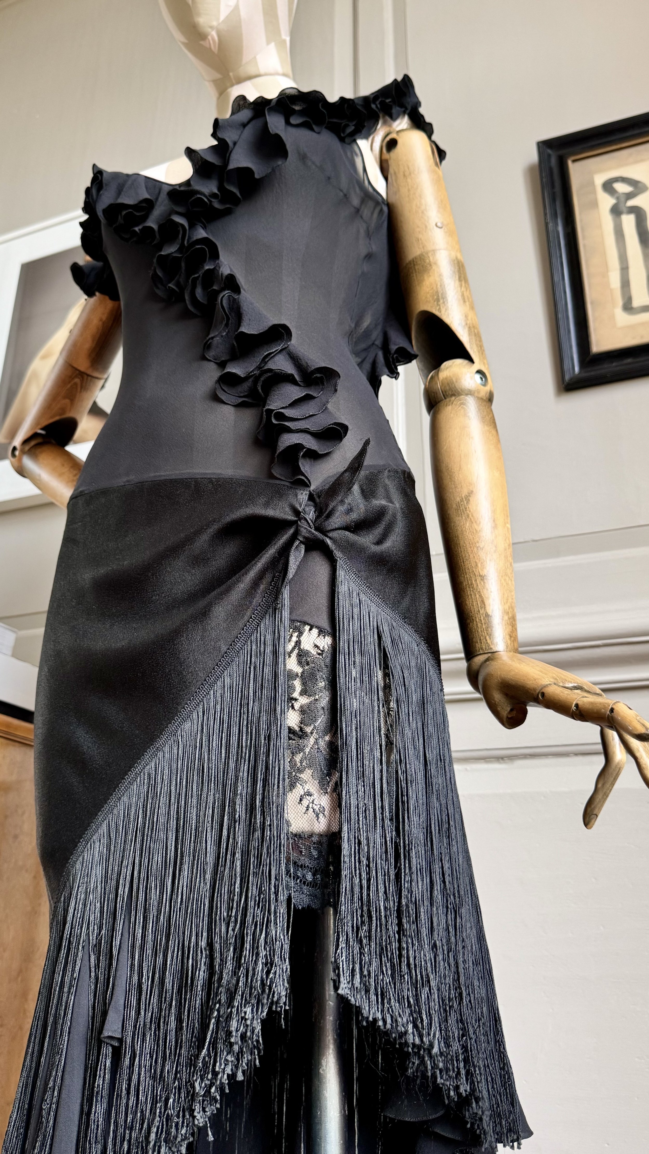John Galliano Noir Flamenco fringed ruffle silk & satin sash evening gown Collectors Piece (S/s 1997 Collection)