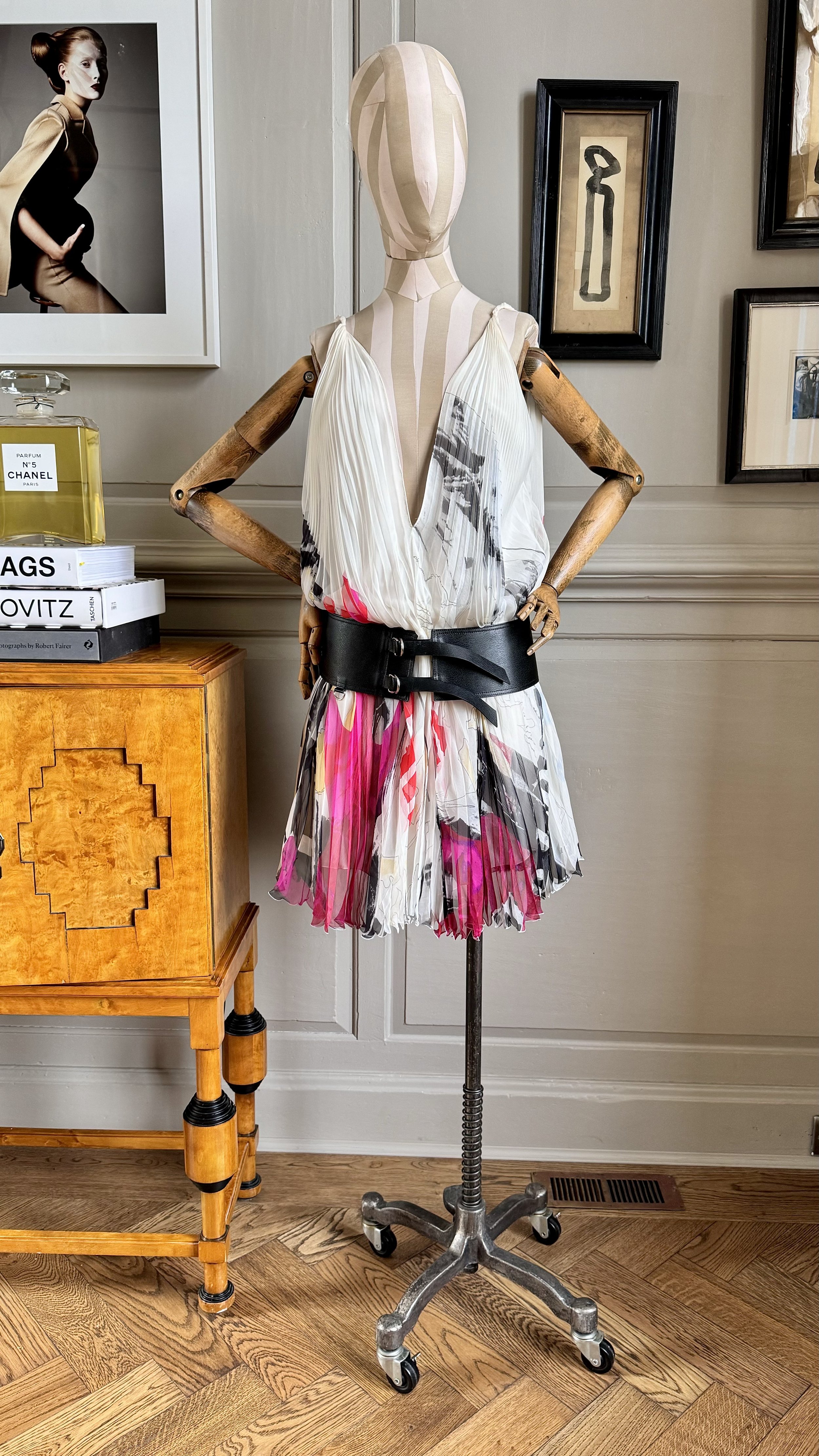 Christian Dior John Galliano Filth pleated low V-neck belted mini Dress documented runway (2003 Collection)