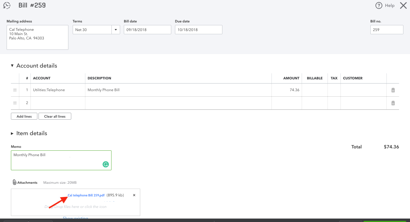 QuickBooks Online Bill Entry Screen.png