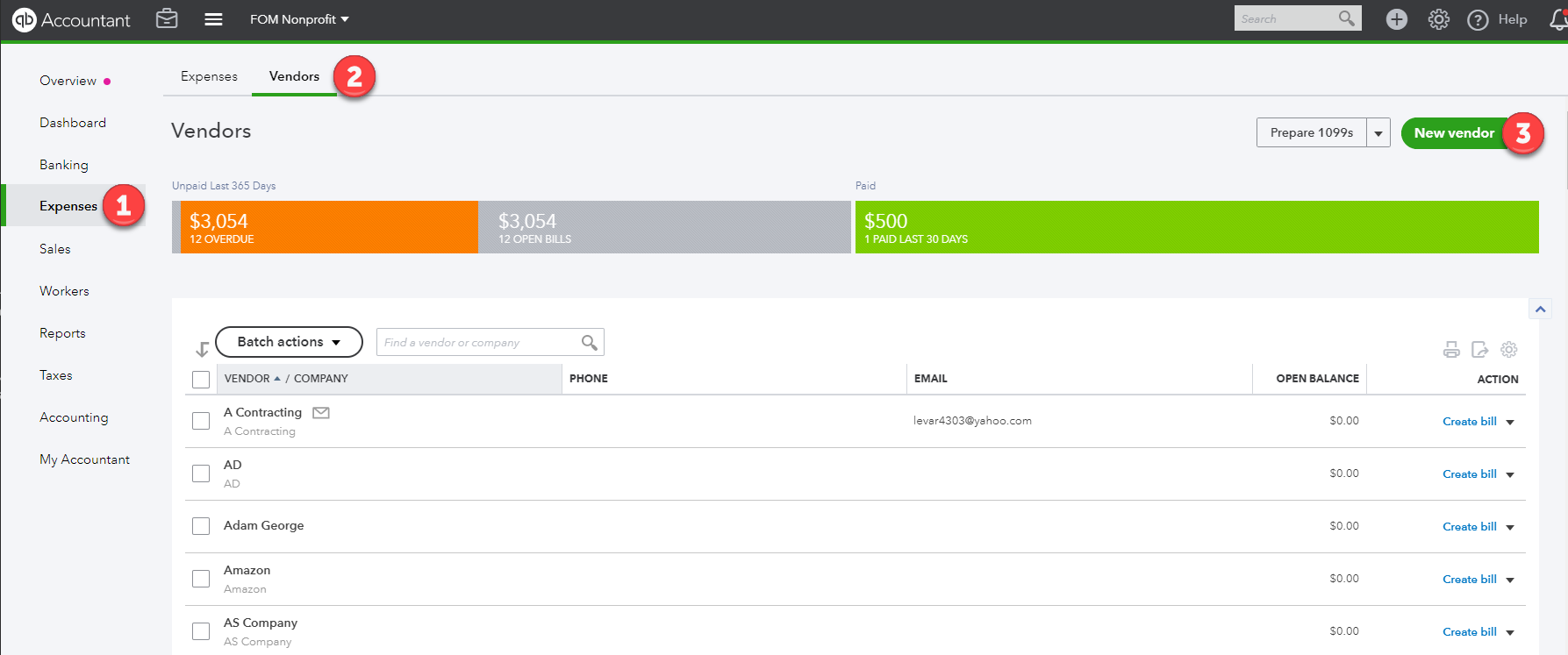 QBO Vendor Center-Goshen Bookkeeping