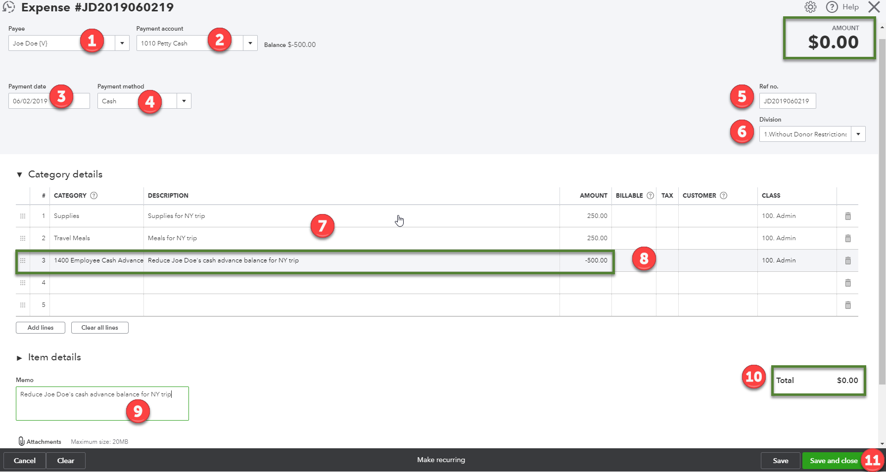 QBO Record Expense Report for Employee Cash Advance-Goshen Bookkeeping