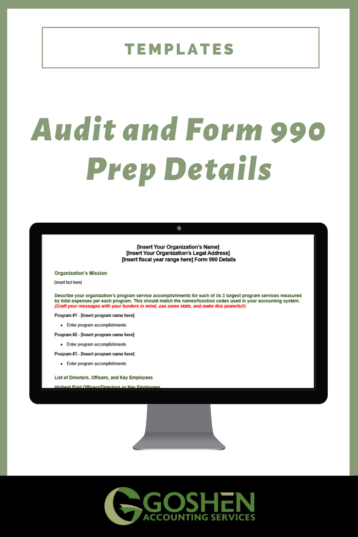 Audit and Form 990 Prep Questionnaire Details Template for Nonprofits