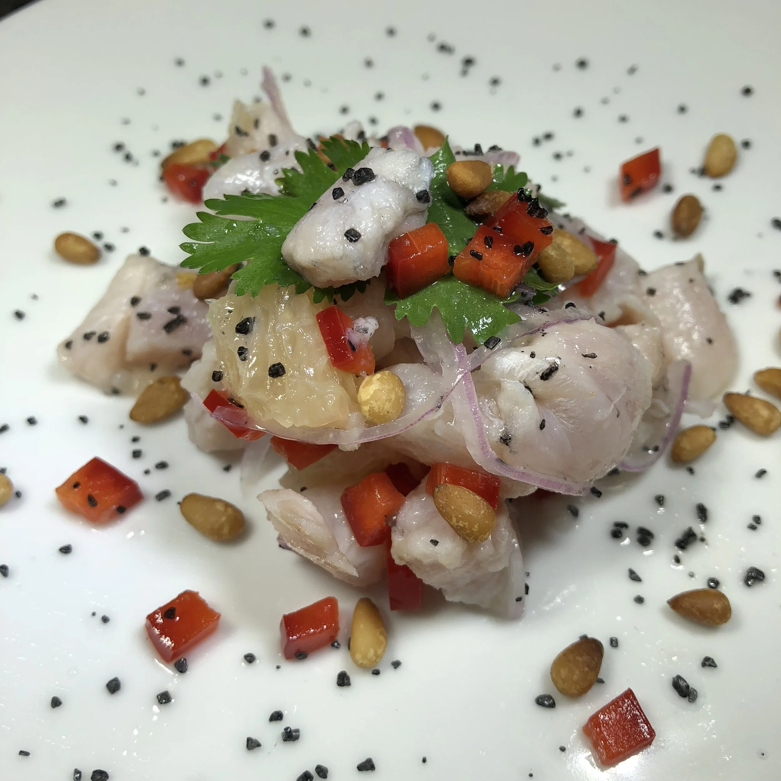 Caribbean Snapper Ceviche: Snapper cured in lime juice with red peppers, red onion, grapefruit, jalipeno, cilantro topped with black Hawaiian sea salt - $25 per serving