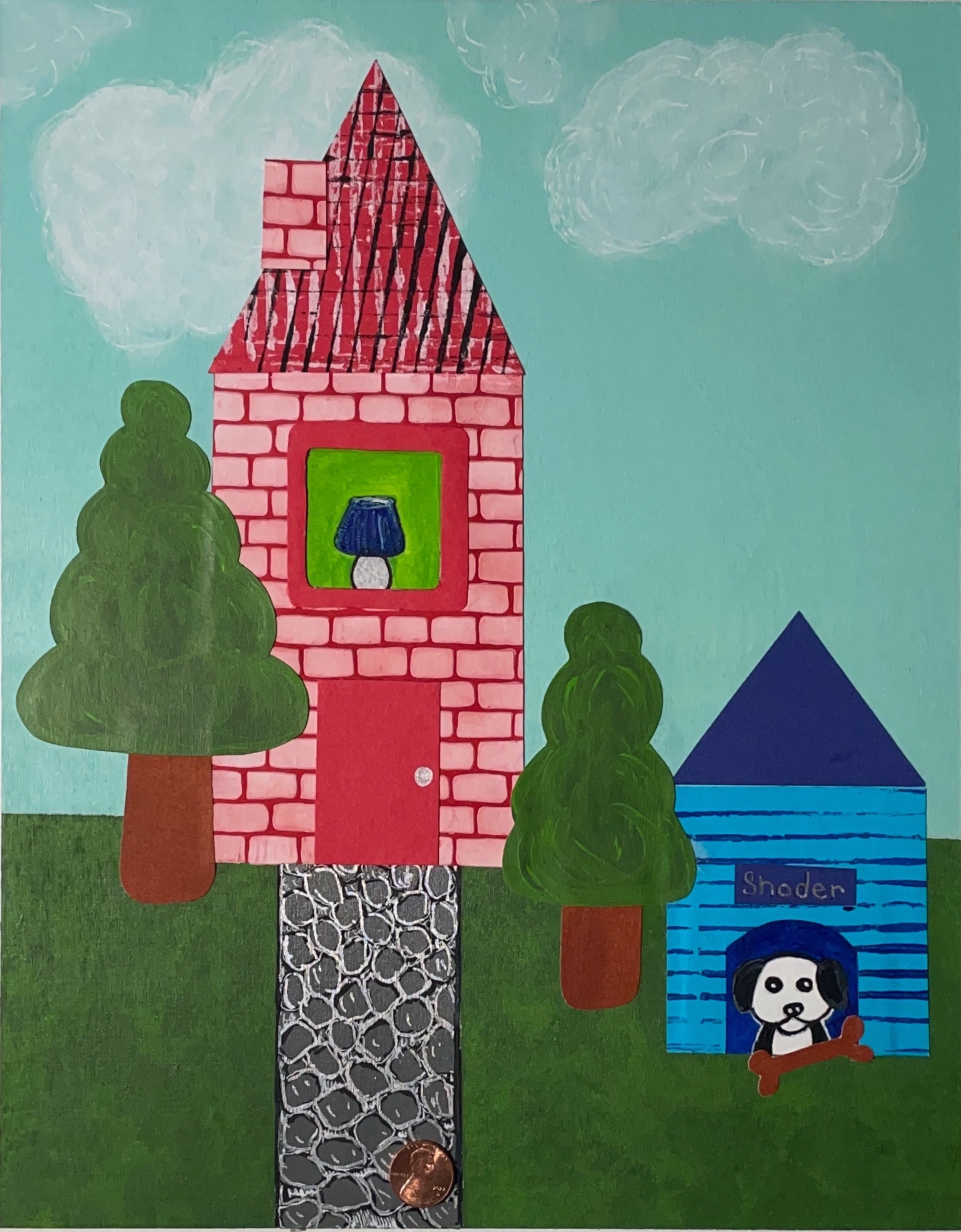 Small red brick house with blue dog house and white dog out front.