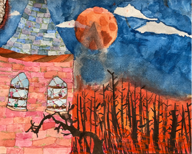 Evil wizard tower stands above a raging forest fire. Blood moon in the sky.