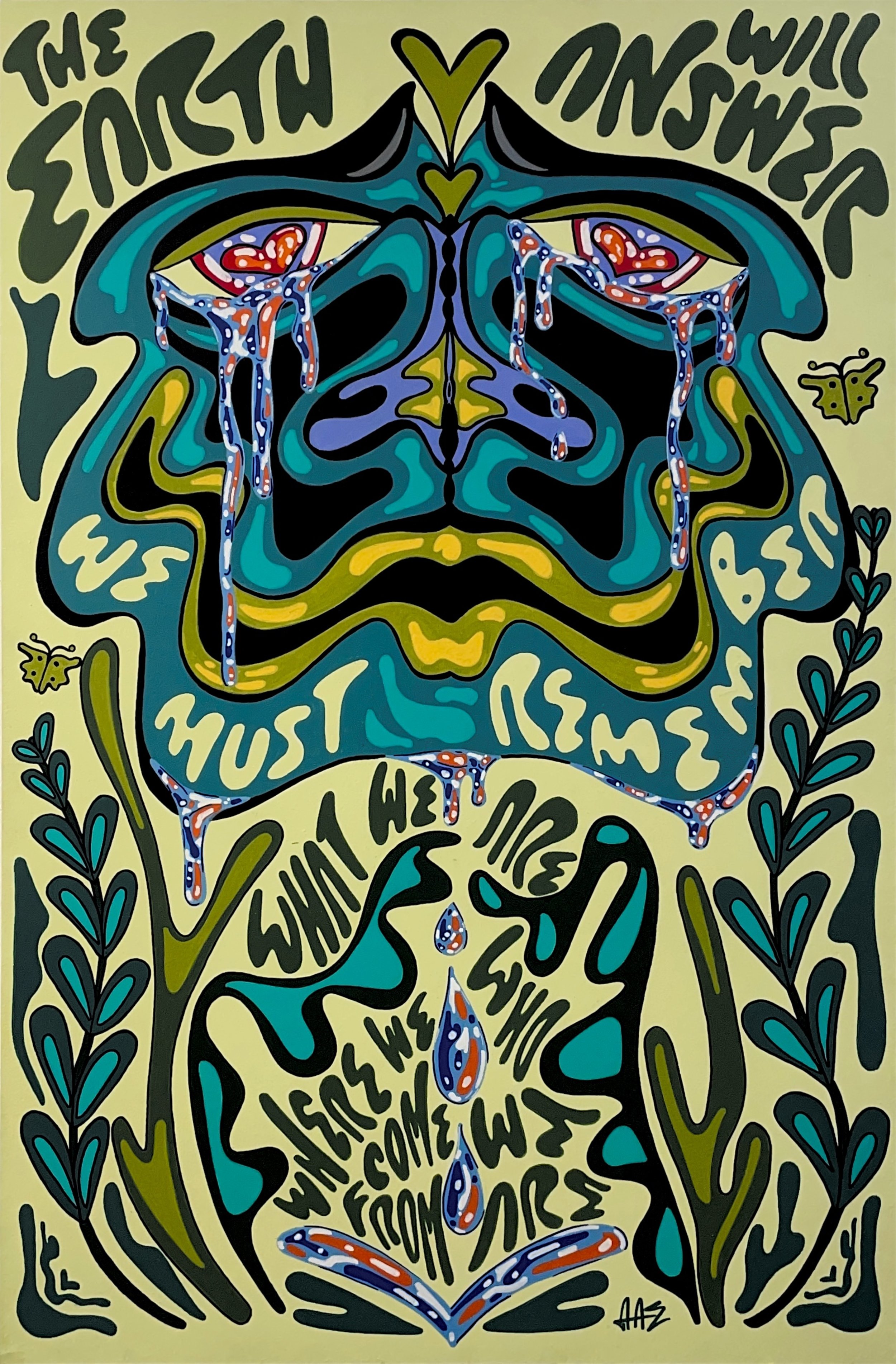 Creature weeping and surrounded by the text "the earth will answer, we must remember"