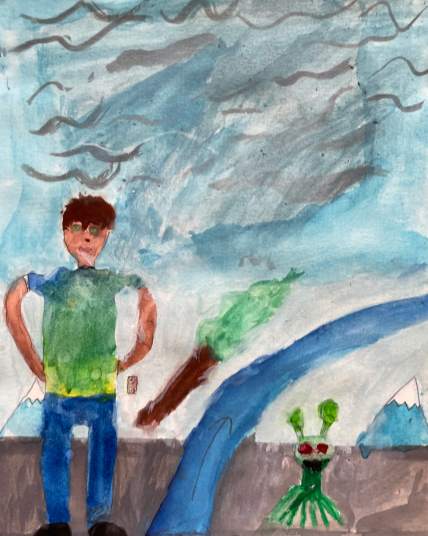 Boy standing outside during hurricane with friend who is alien.