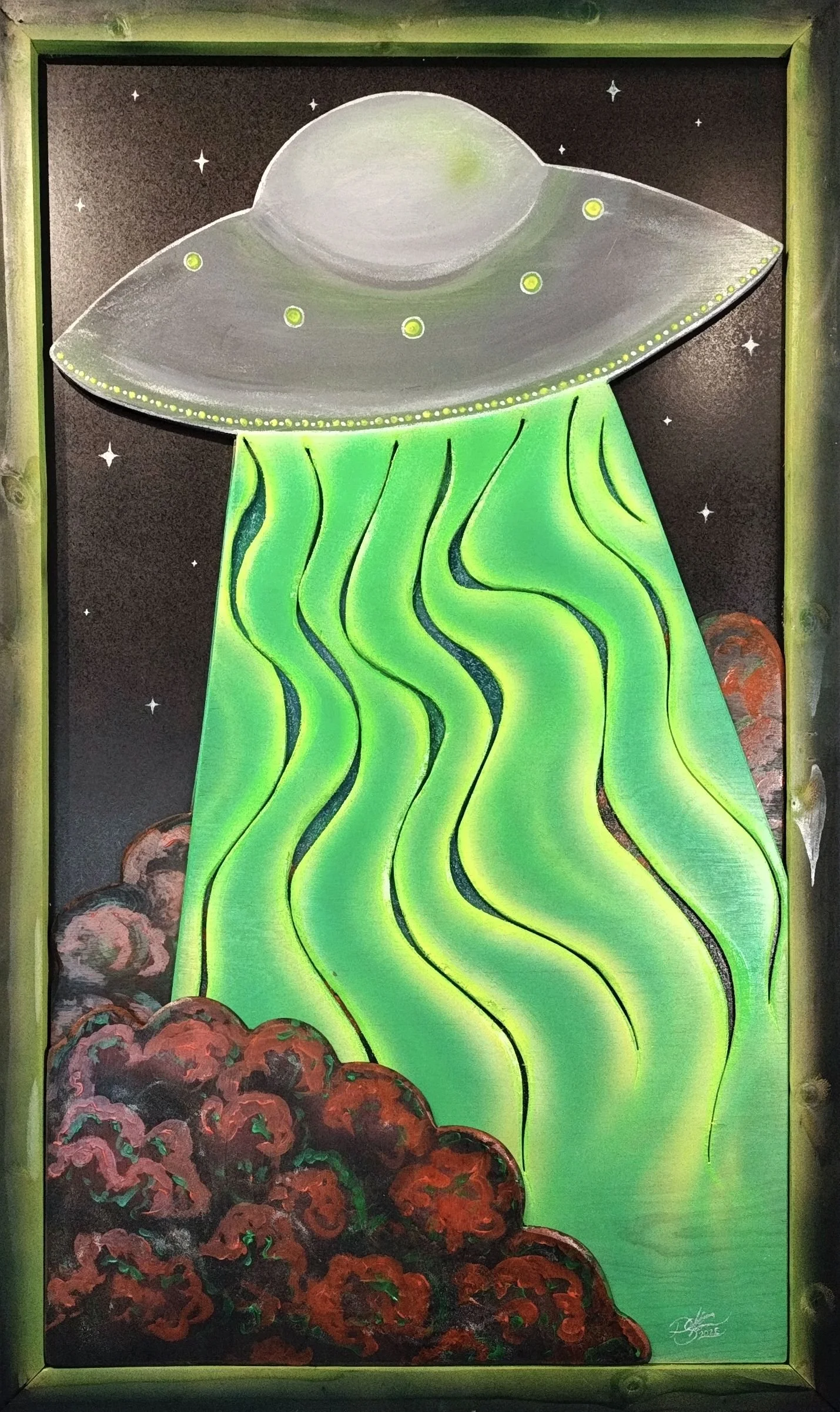 Spacecraft shooting a ray of energy and scorching the Earth.