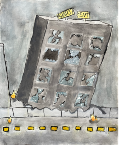 Apartment building crumbling and falling over because of earthquake.