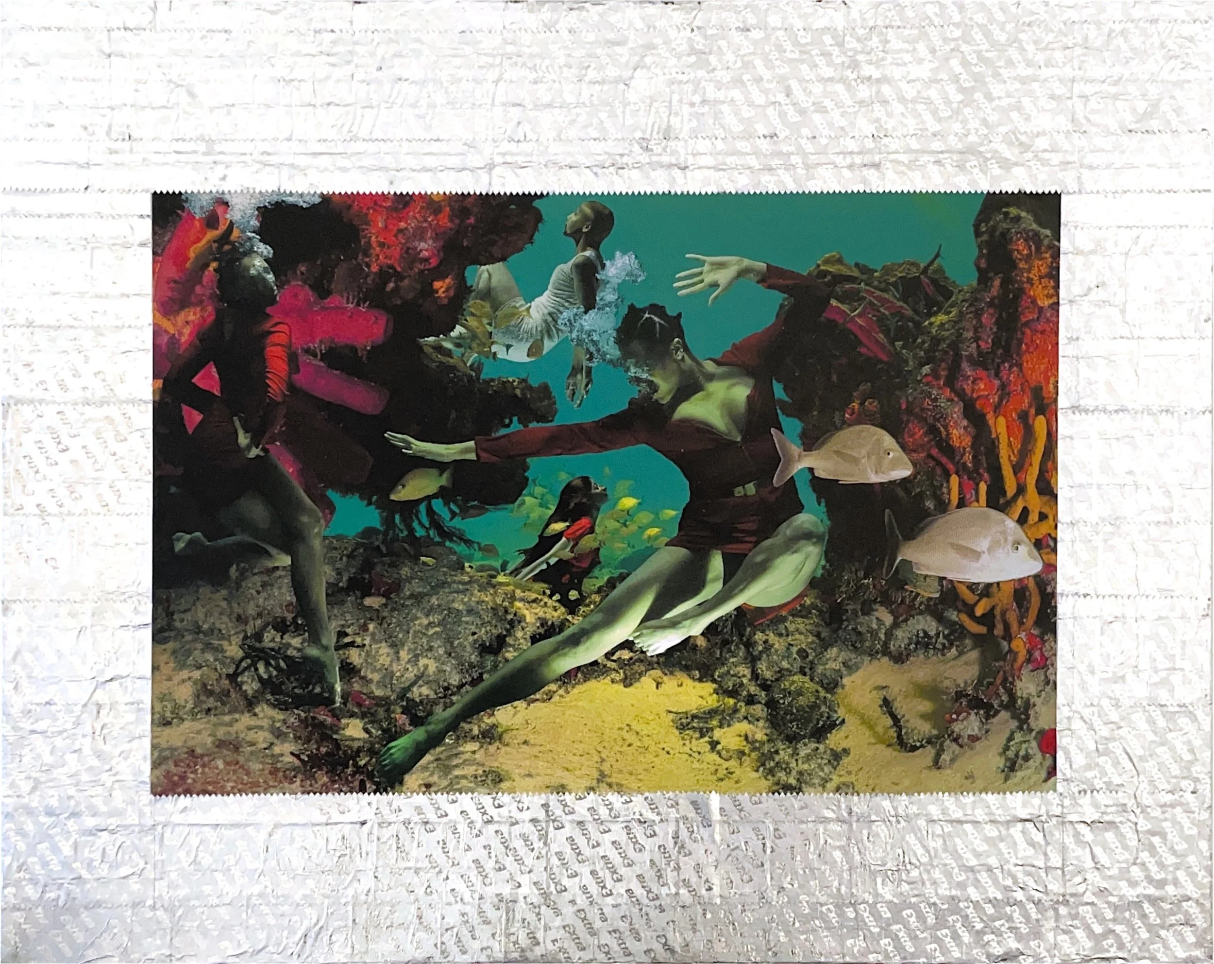 Model posing underwater on background of Extra gum foil wrappers.