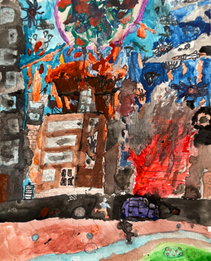 Aliens destorying Earth. City on fire with people running.