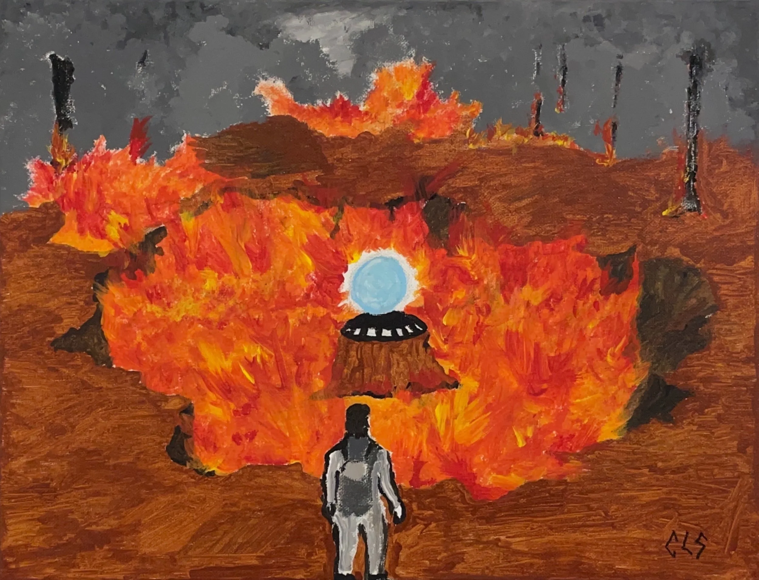 Person standing in front of flaming pit of lava that has mystical orb at center.