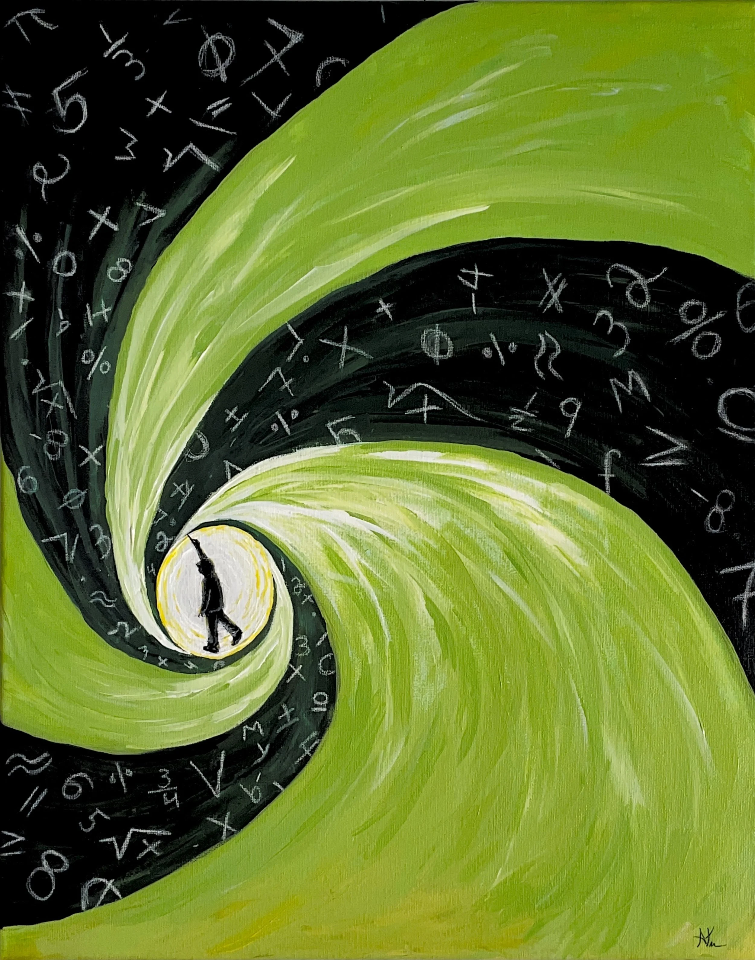 Person standing in swirling mass of power and mathematic symbols fly around them.