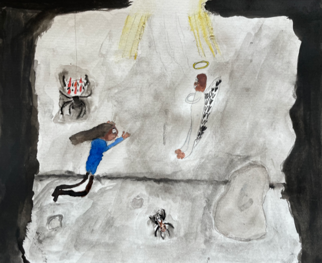 Person falling through a hatch to begin an adventure.