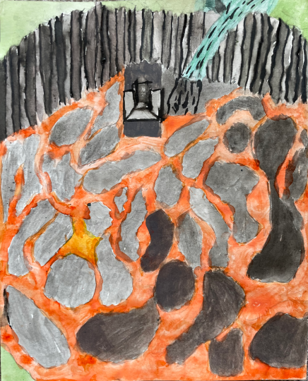 Crater in forest filled with magma and a magical crystal ball.