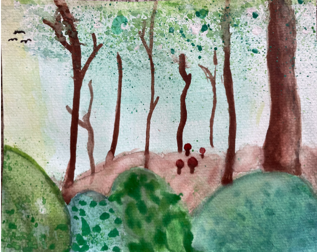 Peaceful grove in forest. Young trees and mushrooms grow together.