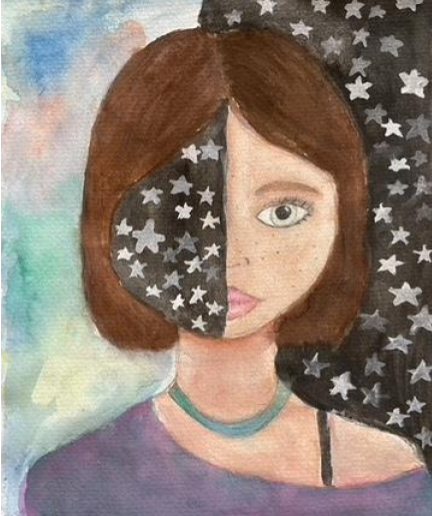 Girl wearing purple shirt with left half of face covered in stars. Background is half blue sky, half starry sky.