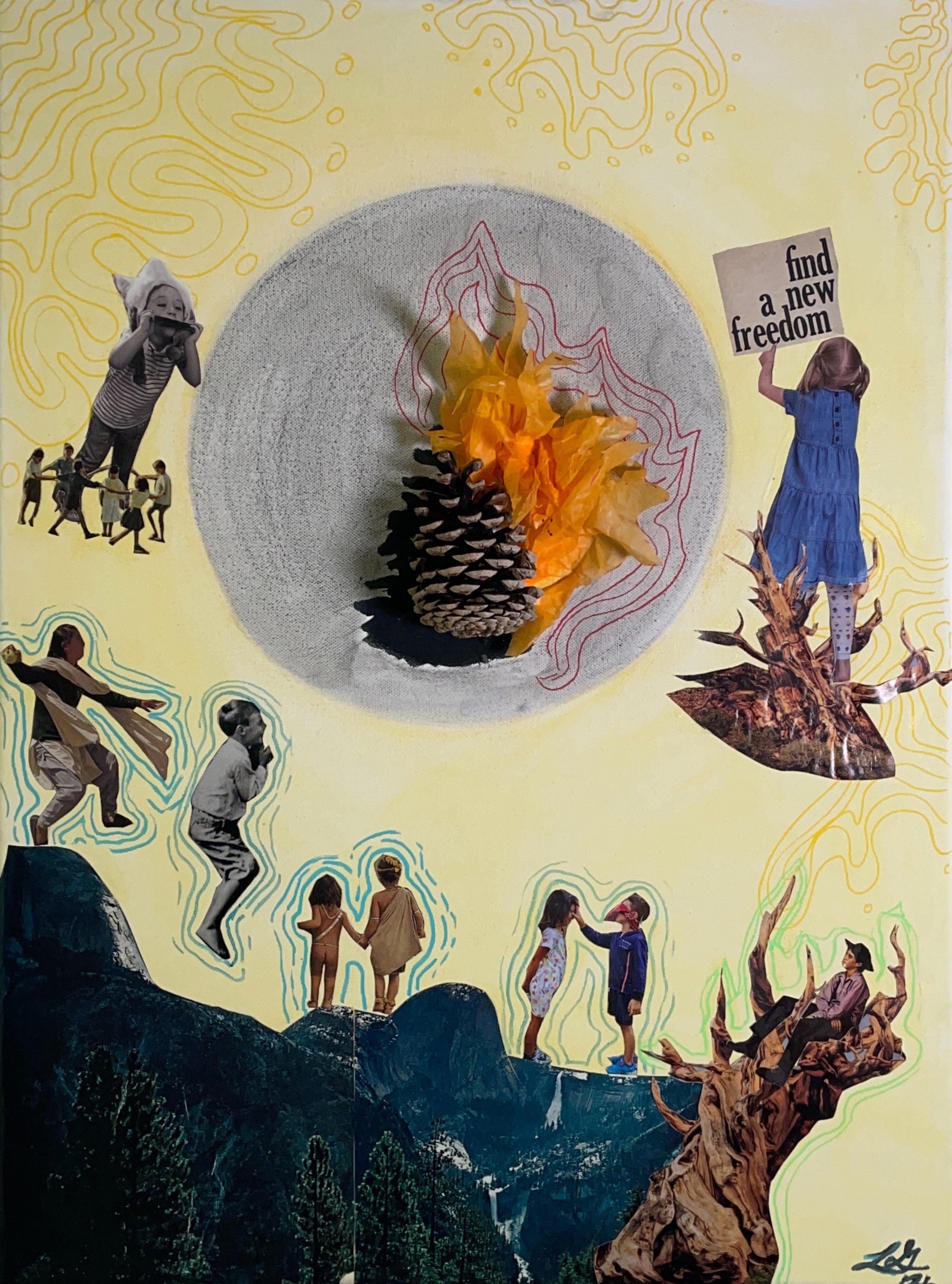 Pinecone on an altar surrounded by collage of humans exalting the cone.
