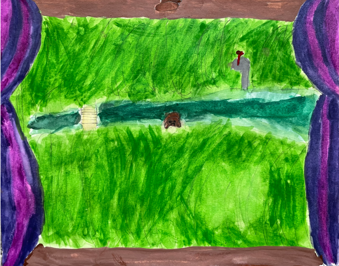 View through curtains showing dog stuck in ditch.