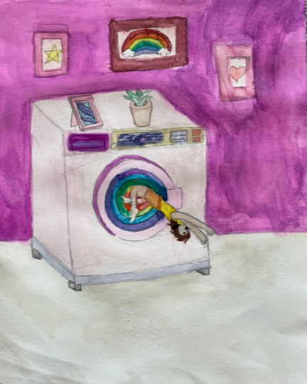 Girl going through portal in washing machine.