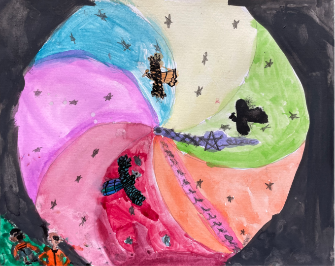 Multi colored clock with birds flying around minute and second hands.