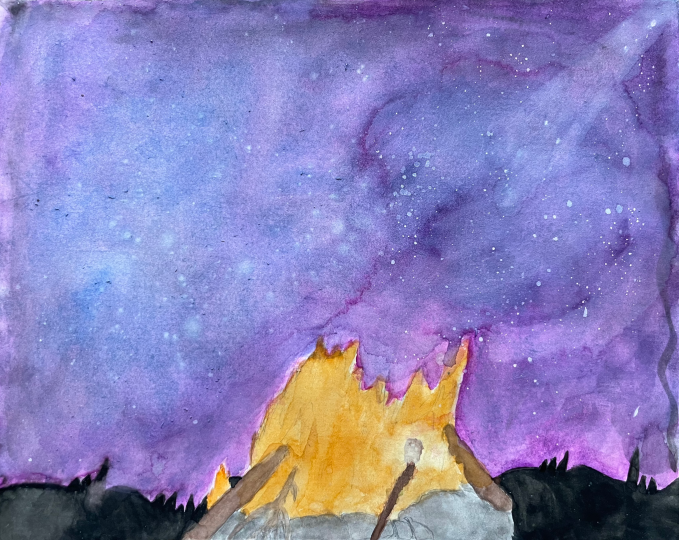 Campfire against a star filled sky.