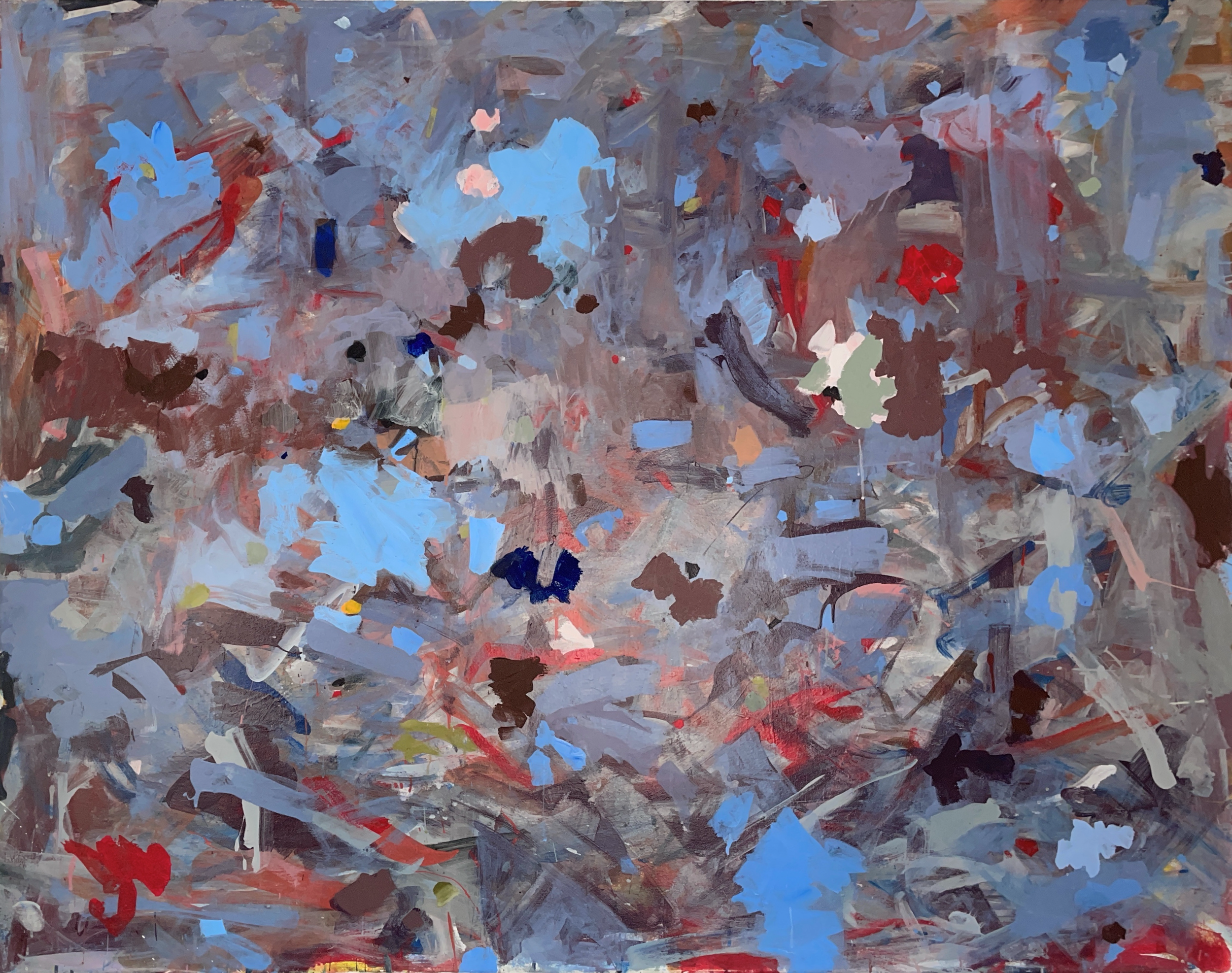 Abstract acrylic painting. Splotches of color. red blue brown