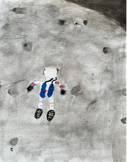 Person floating above the moon in space suit.