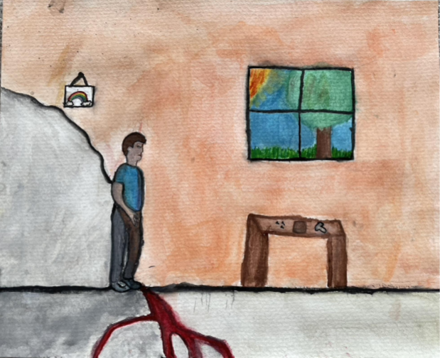 Person with cut bleeding onto ground and giving color to entire world.