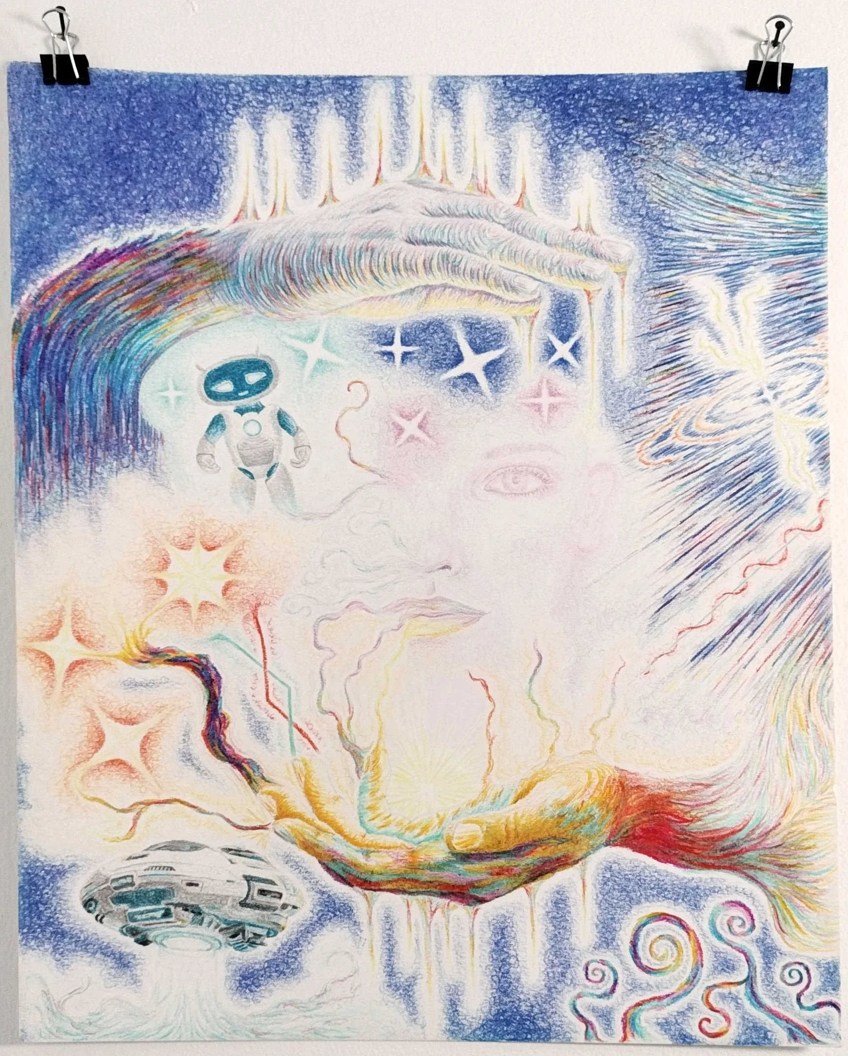 Ethereal being holding palms in manner to craft the stars and universe.