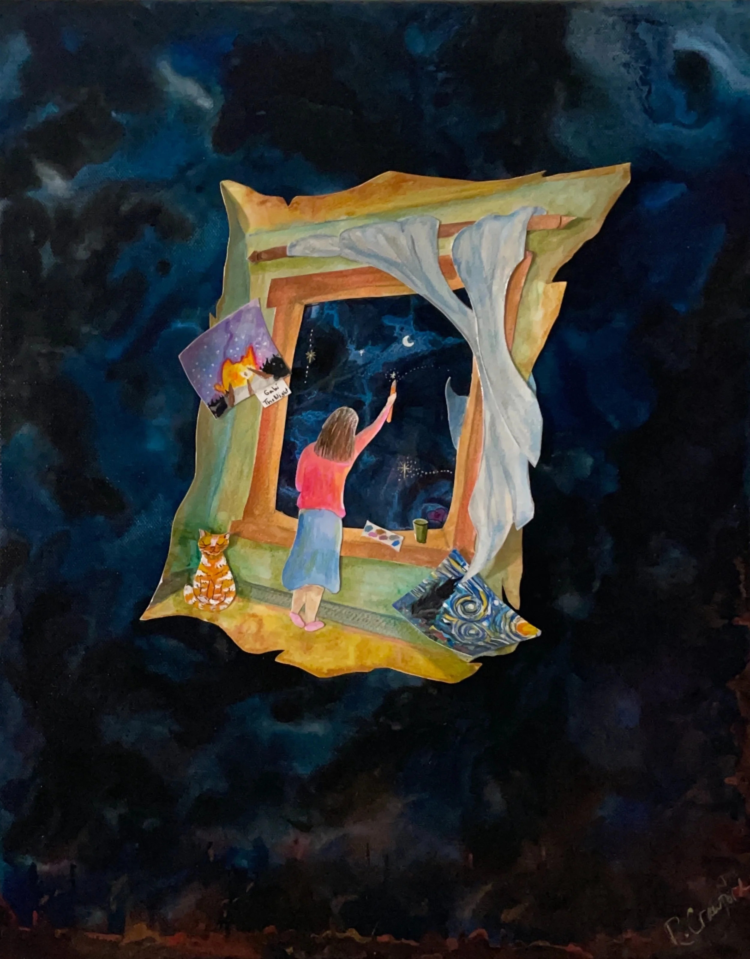 Young girl gazing through a window and reaching to paint the sky with paintbrush.