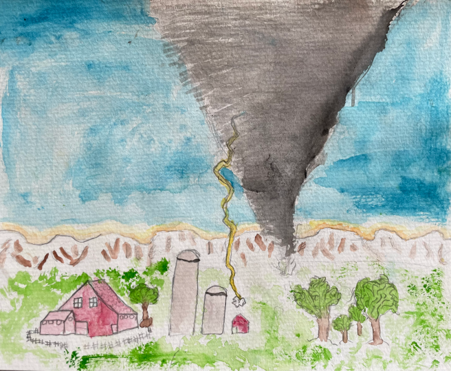 Quaint farm lies in the path of a tornado and lightning storm.
