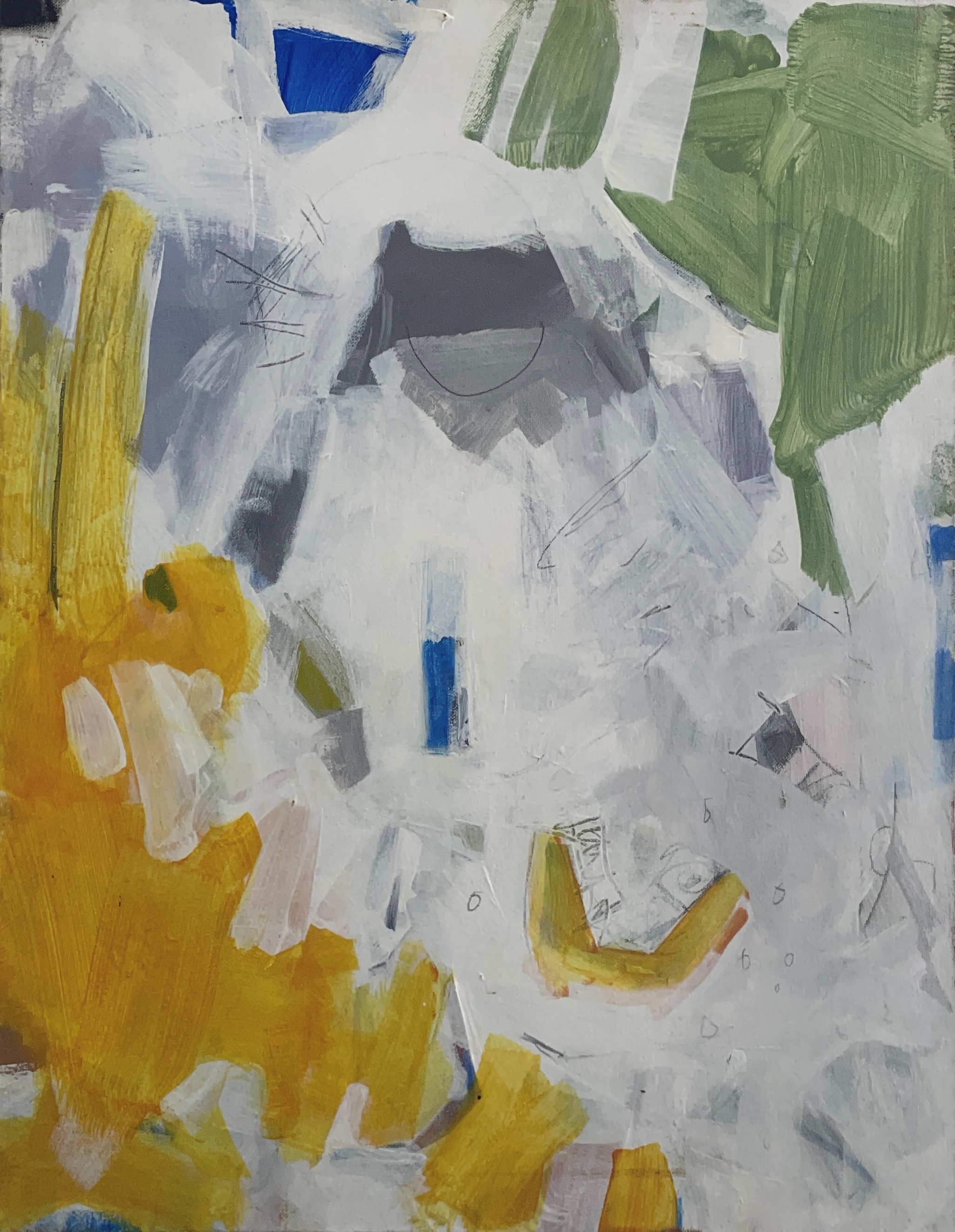 Abstract acrylic painting on canvas. White blue yellow green