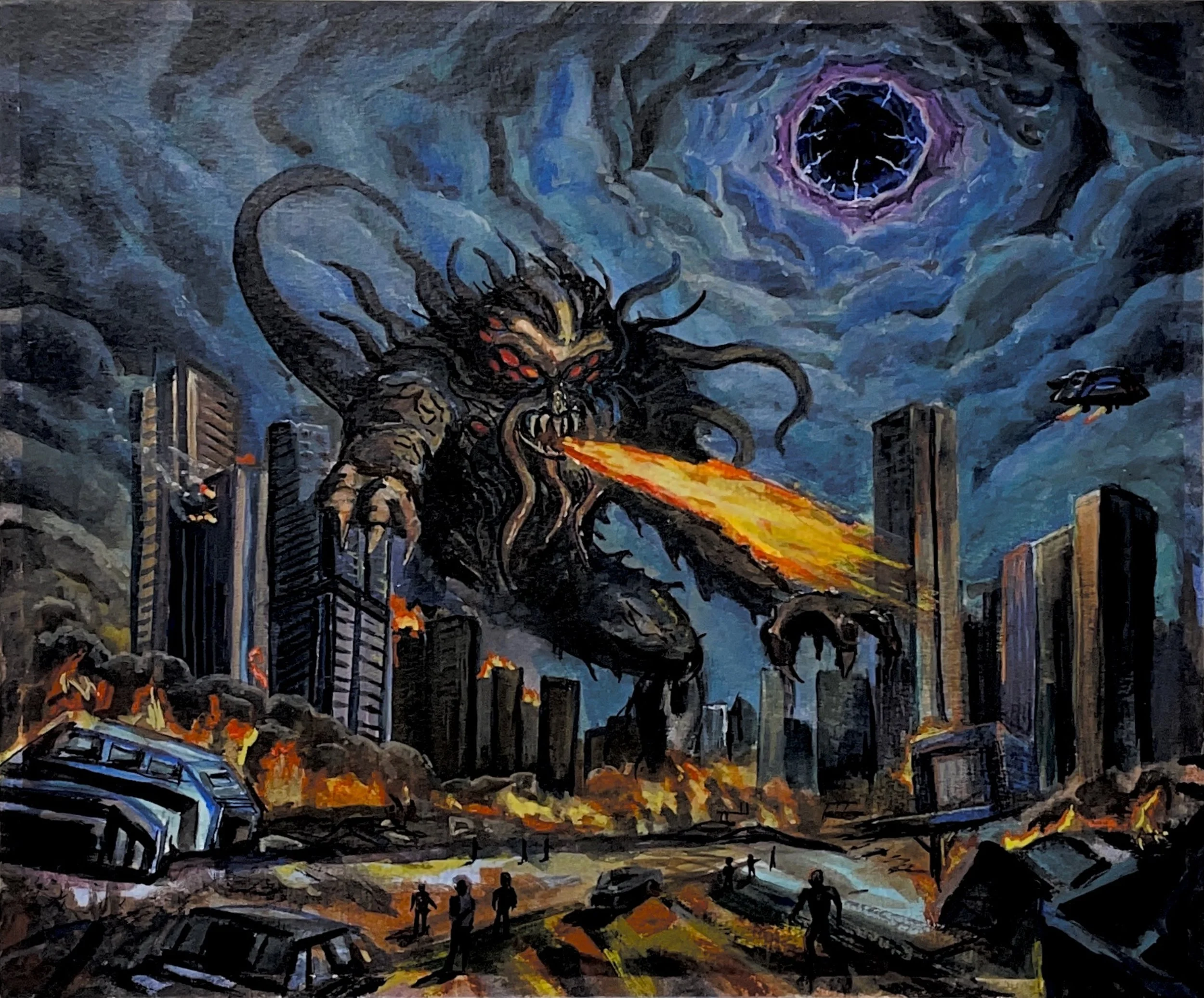 Creature coming to Earth through sky portal and destroying city.