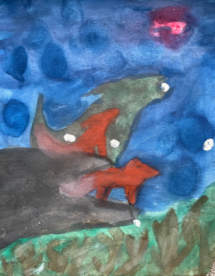 Two foxes standing on a cliff edge, looking out at the forest during full moon.