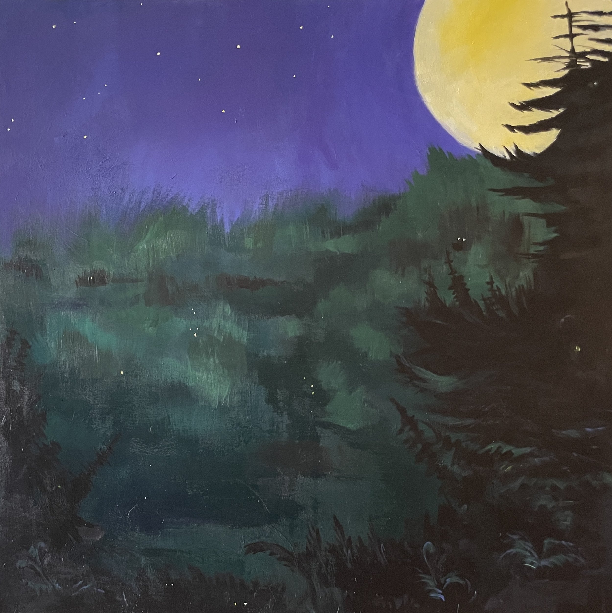 Original 11x14 Acrylic Painting on Canvas starry Night Forest Full Moon,  Celestial Stars, Forest Trees 