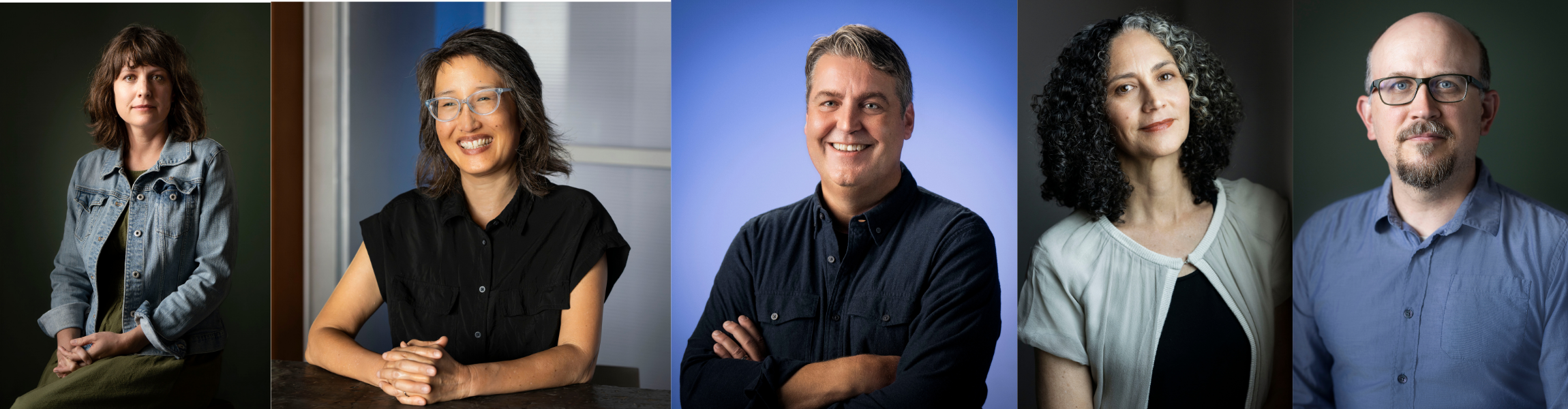 Collage of five diverse professionals, three women and two men, in different indoor settings, all looking at the camera with friendly expressions.