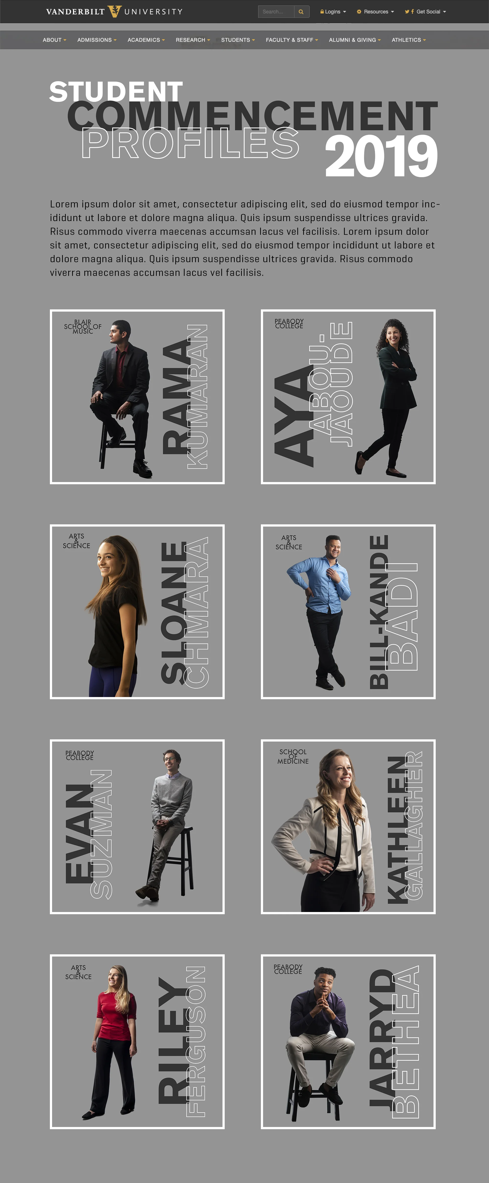Web layout design for Spring 2019 Commencement Profiles