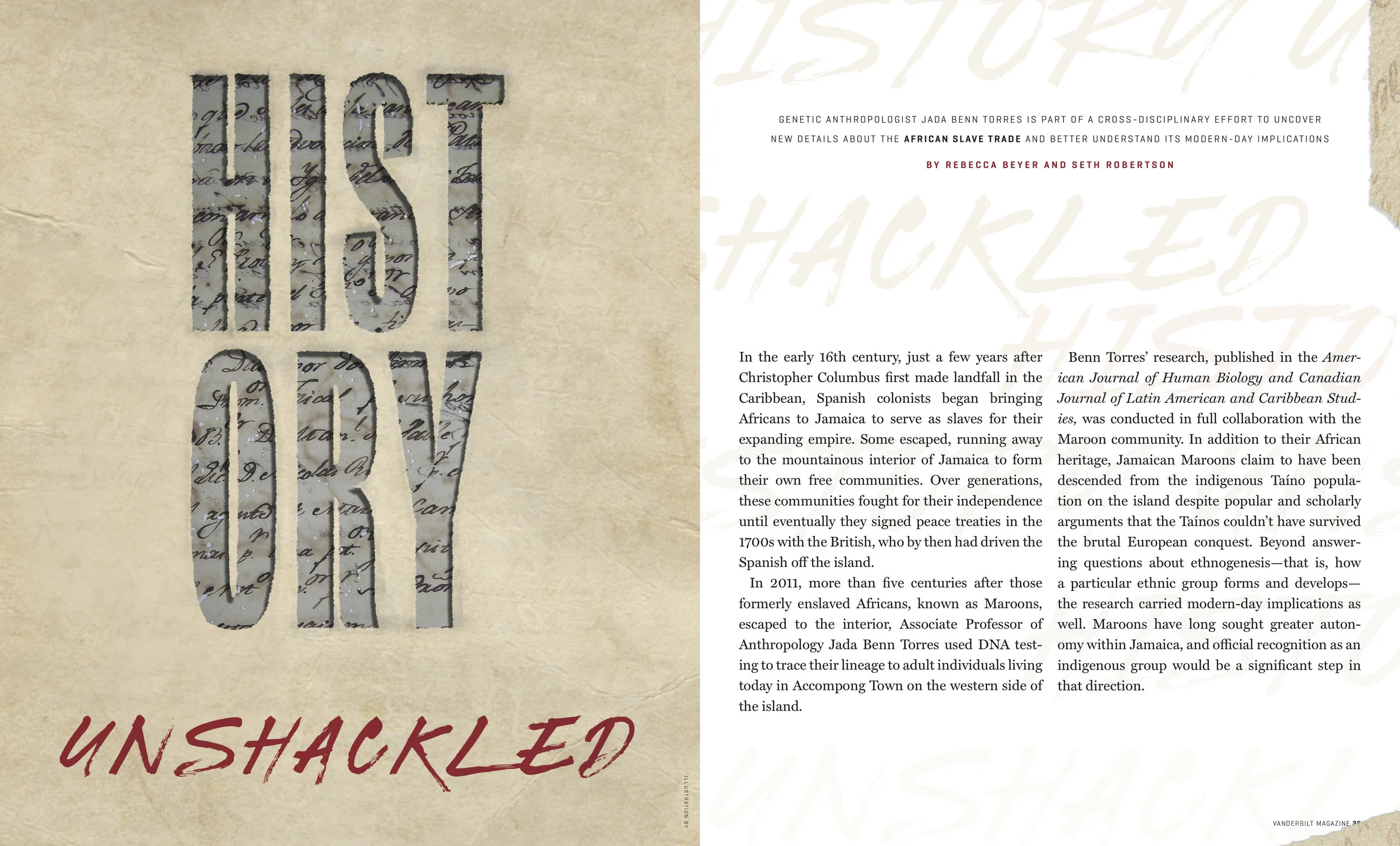 Spread main art and layout design for History Unshackled feature in 2019 Vanderbilt Magazine