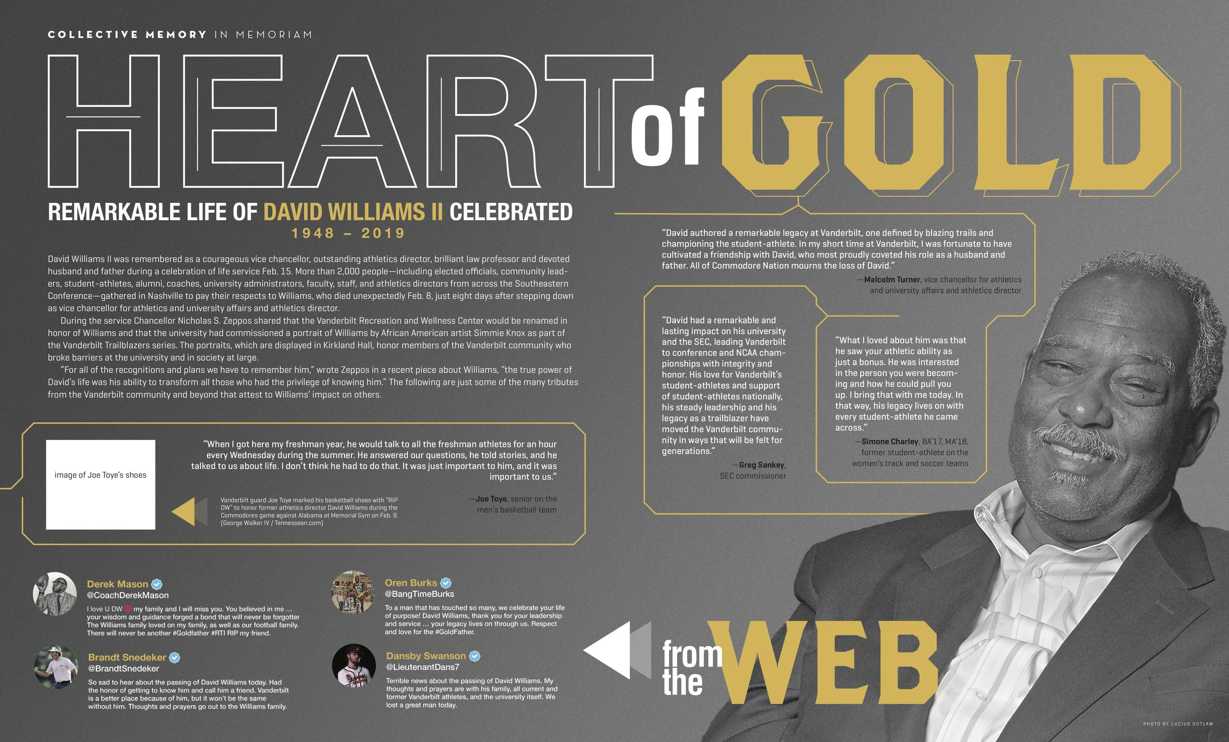 Spread art and layout design for David Williams feature in 2019 Vanderbilt Magazine